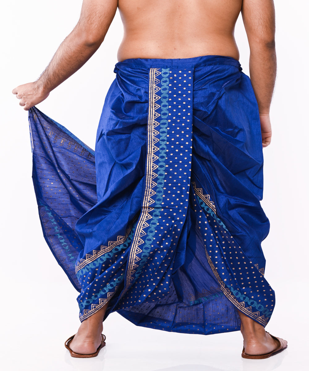 Royal blue hand block printed art silk dhoti