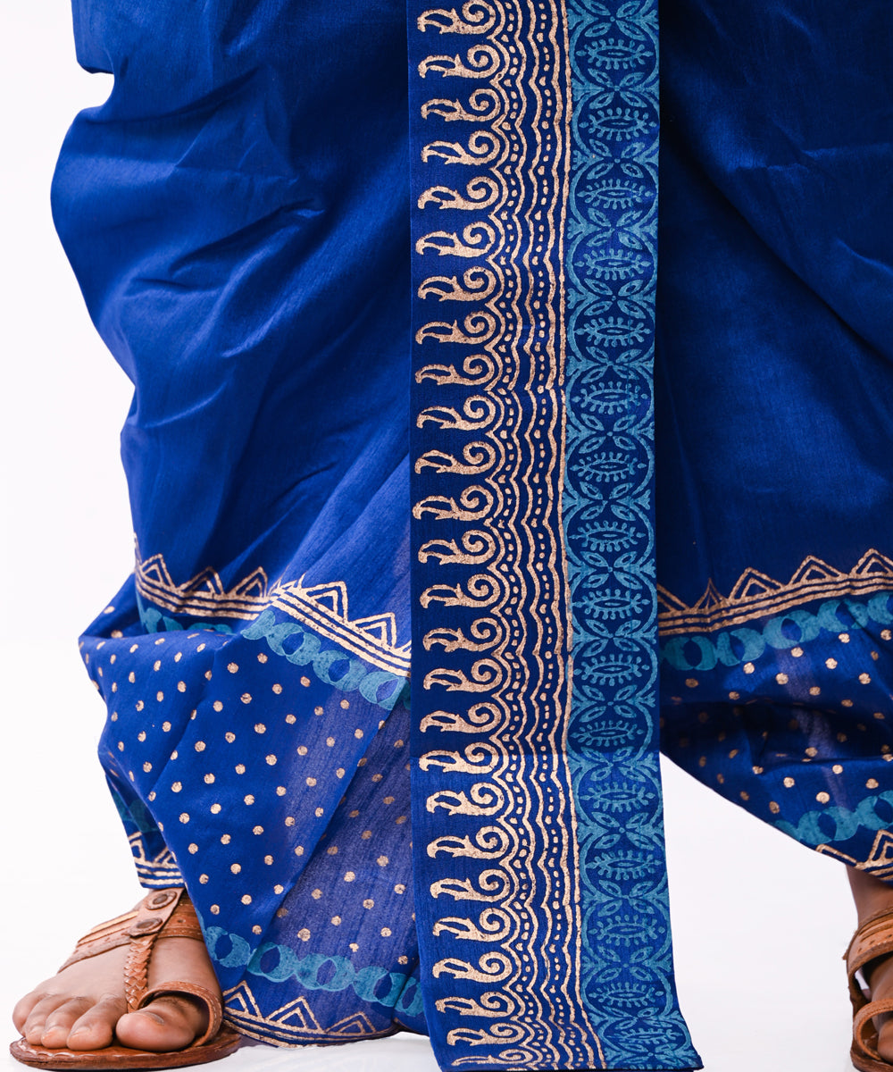 Royal blue hand block printed art silk dhoti