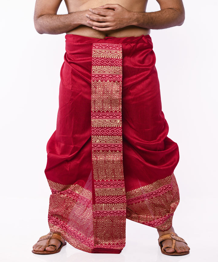 Maroon hand block print art silk dhoti