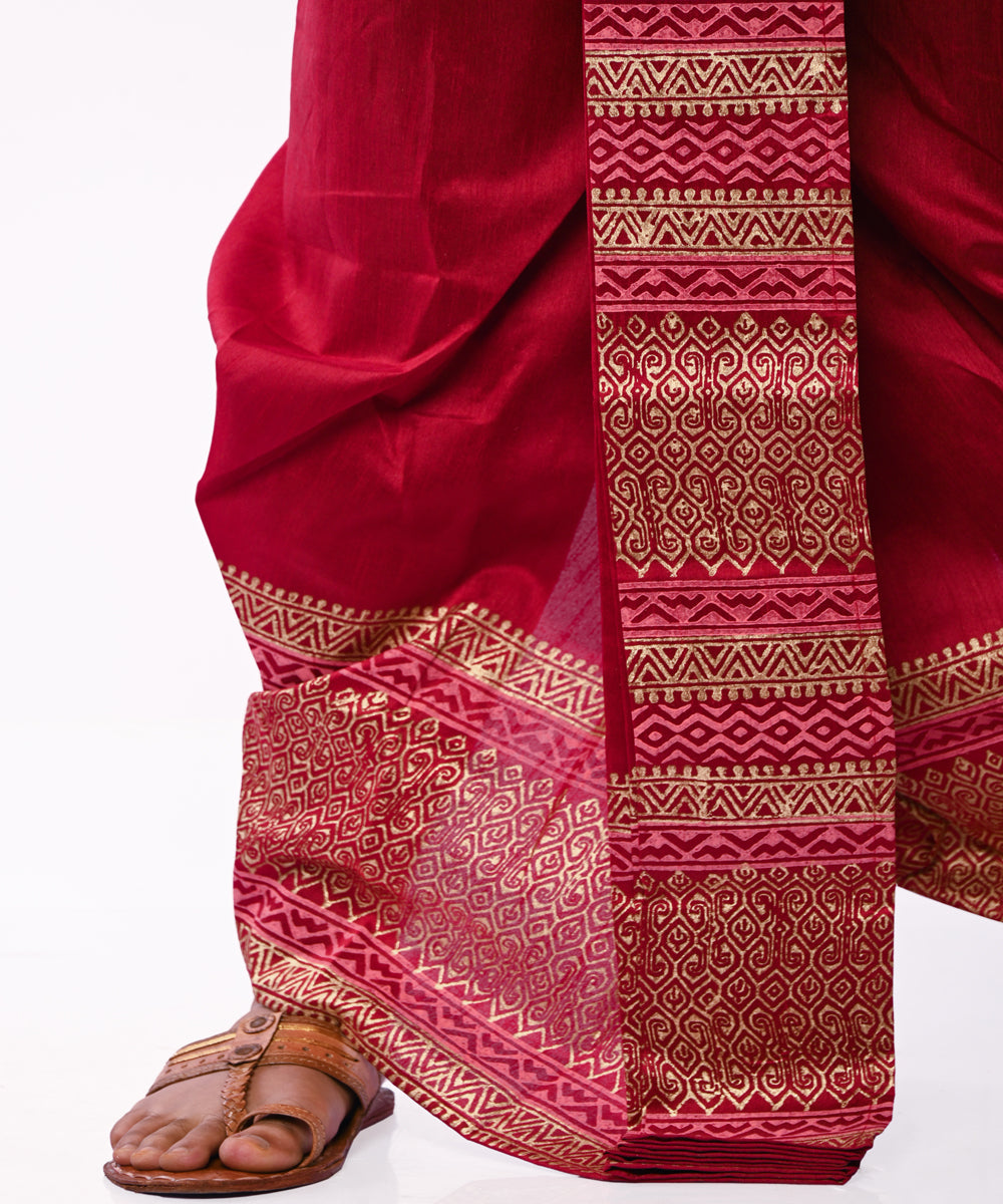 Maroon hand block print art silk dhoti