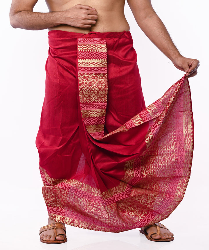 Maroon hand block print art silk dhoti