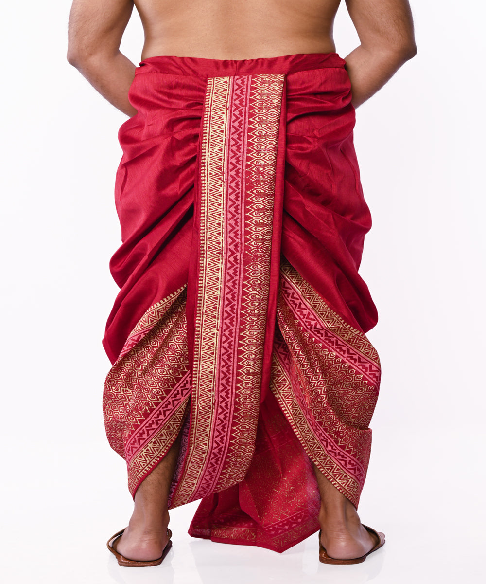 Maroon hand block print art silk dhoti