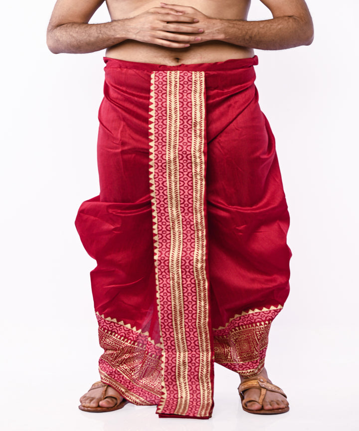 Maroon art silk hand block printed dhoti