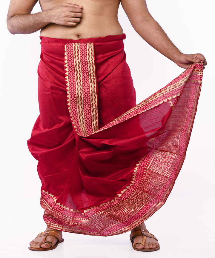 Maroon art silk hand block printed dhoti