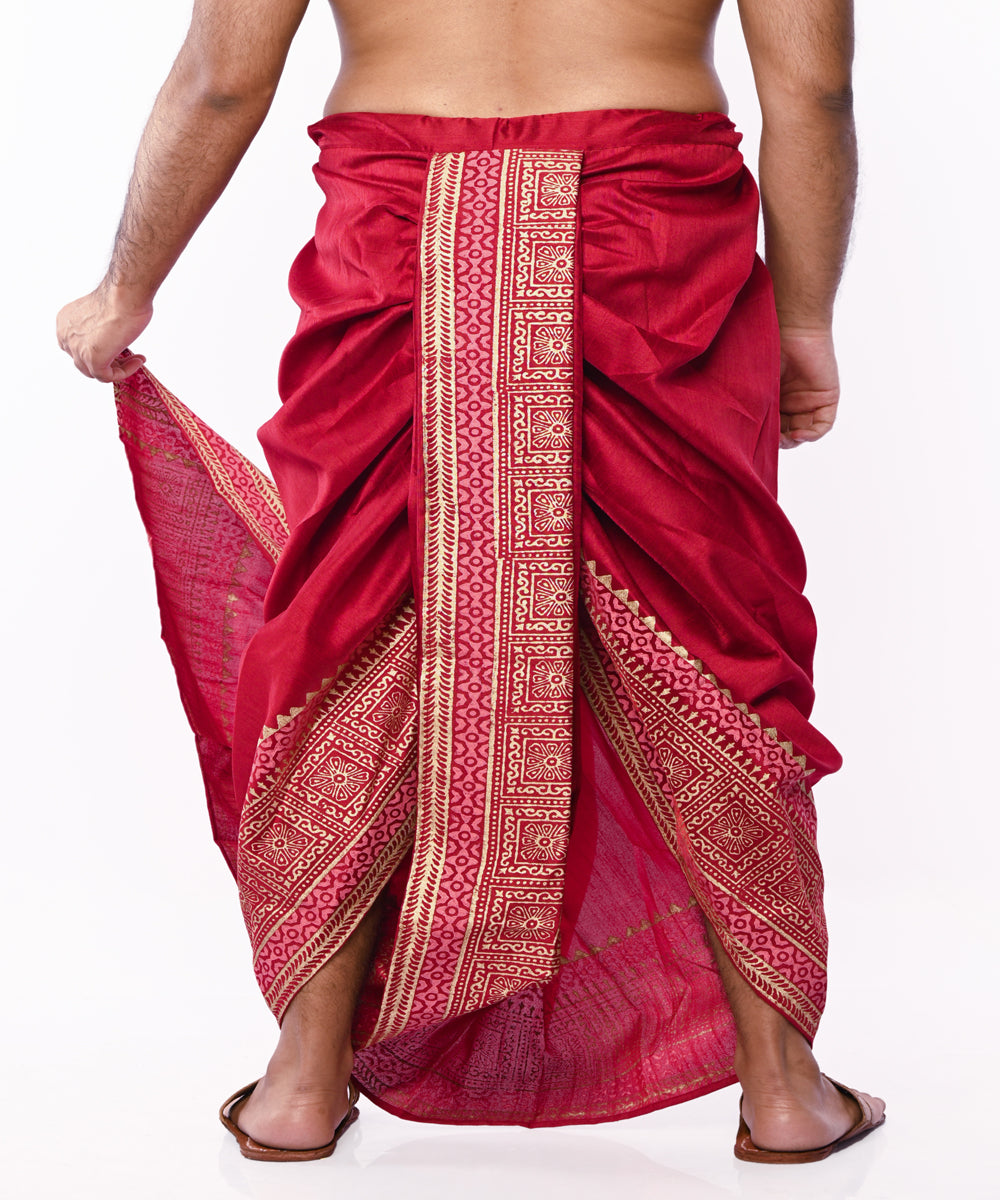 Maroon art silk hand block printed dhoti