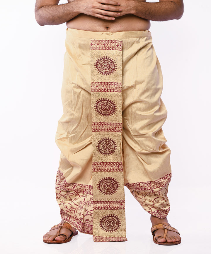 Beige hand block print art silk dhoti