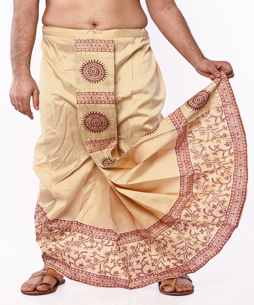 Beige hand block print art silk dhoti