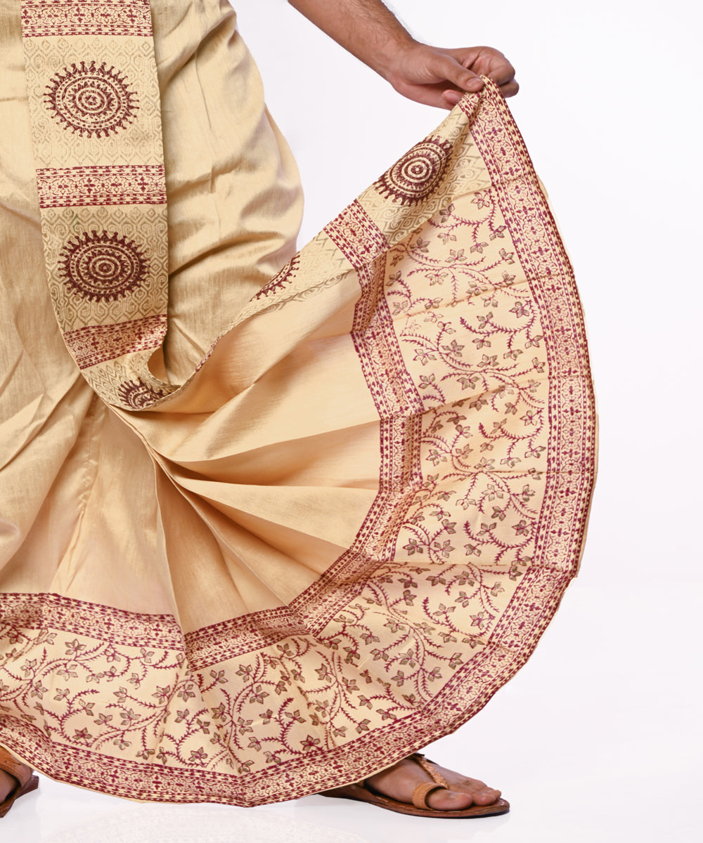 Beige hand block print art silk dhoti