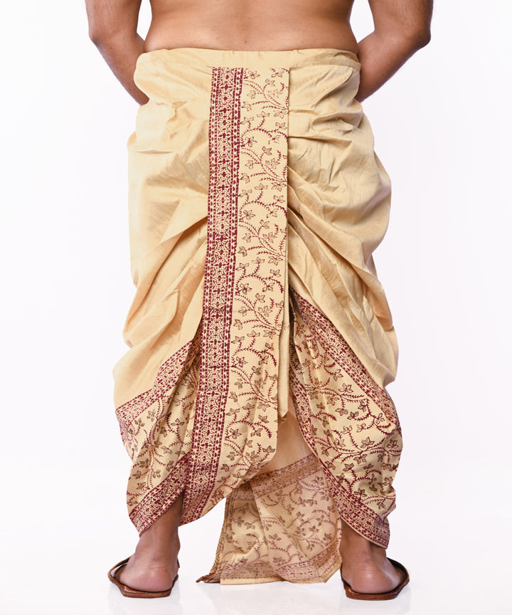 Beige hand block print art silk dhoti