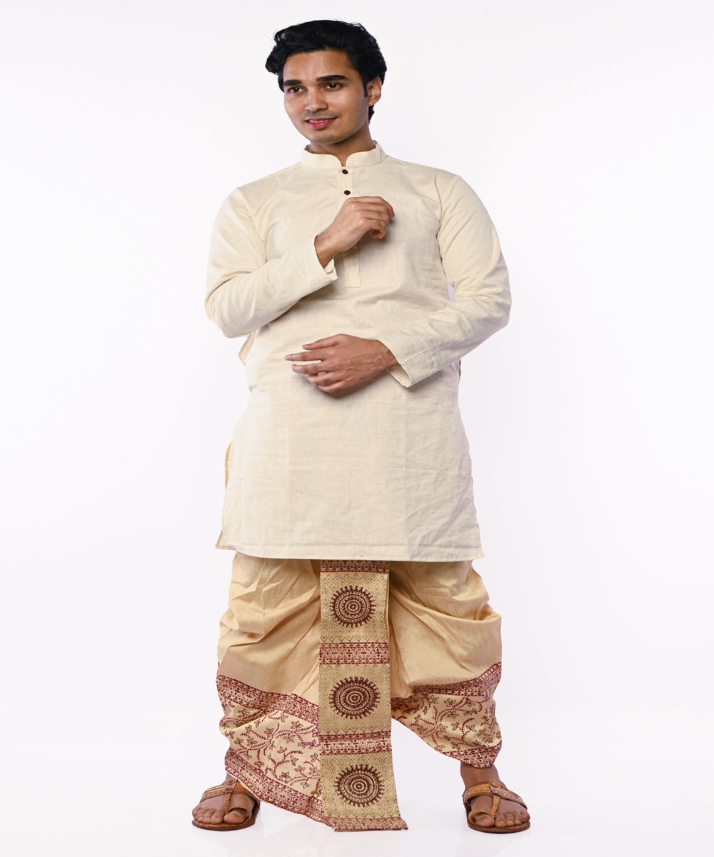 Beige hand block print art silk dhoti