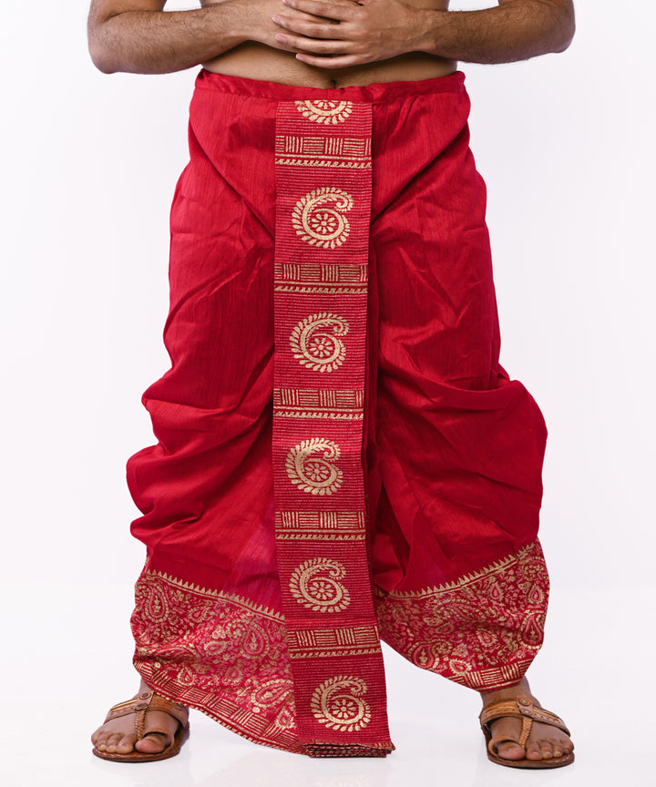 Maroon beige art silk hand block printed dhoti