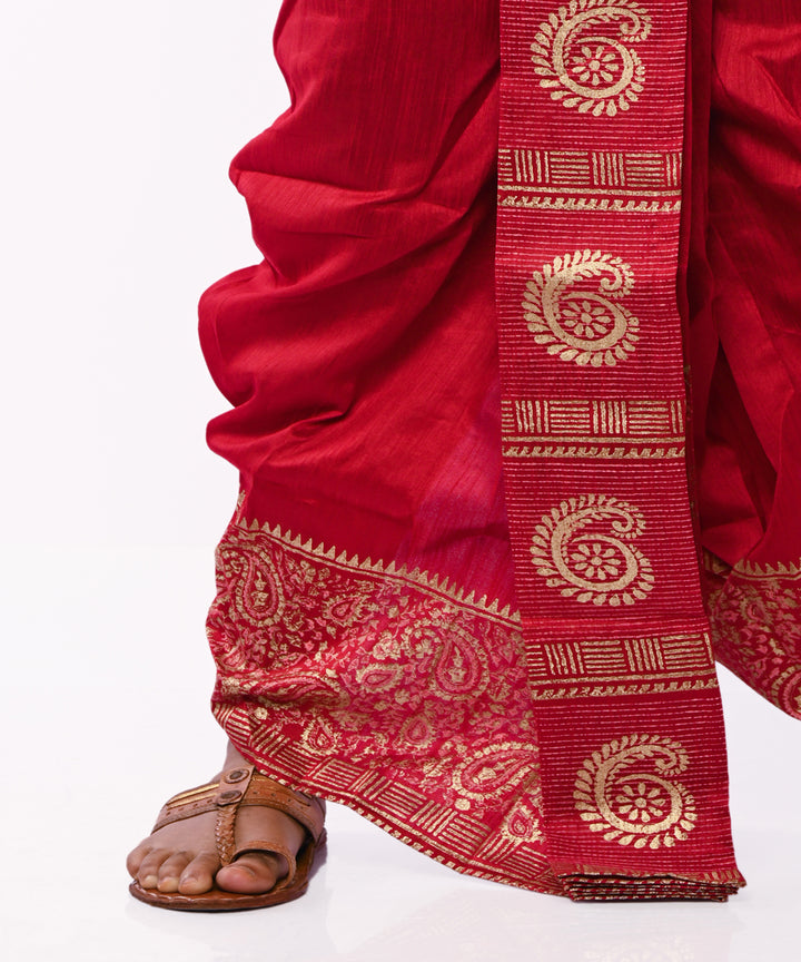 Maroon beige art silk hand block printed dhoti