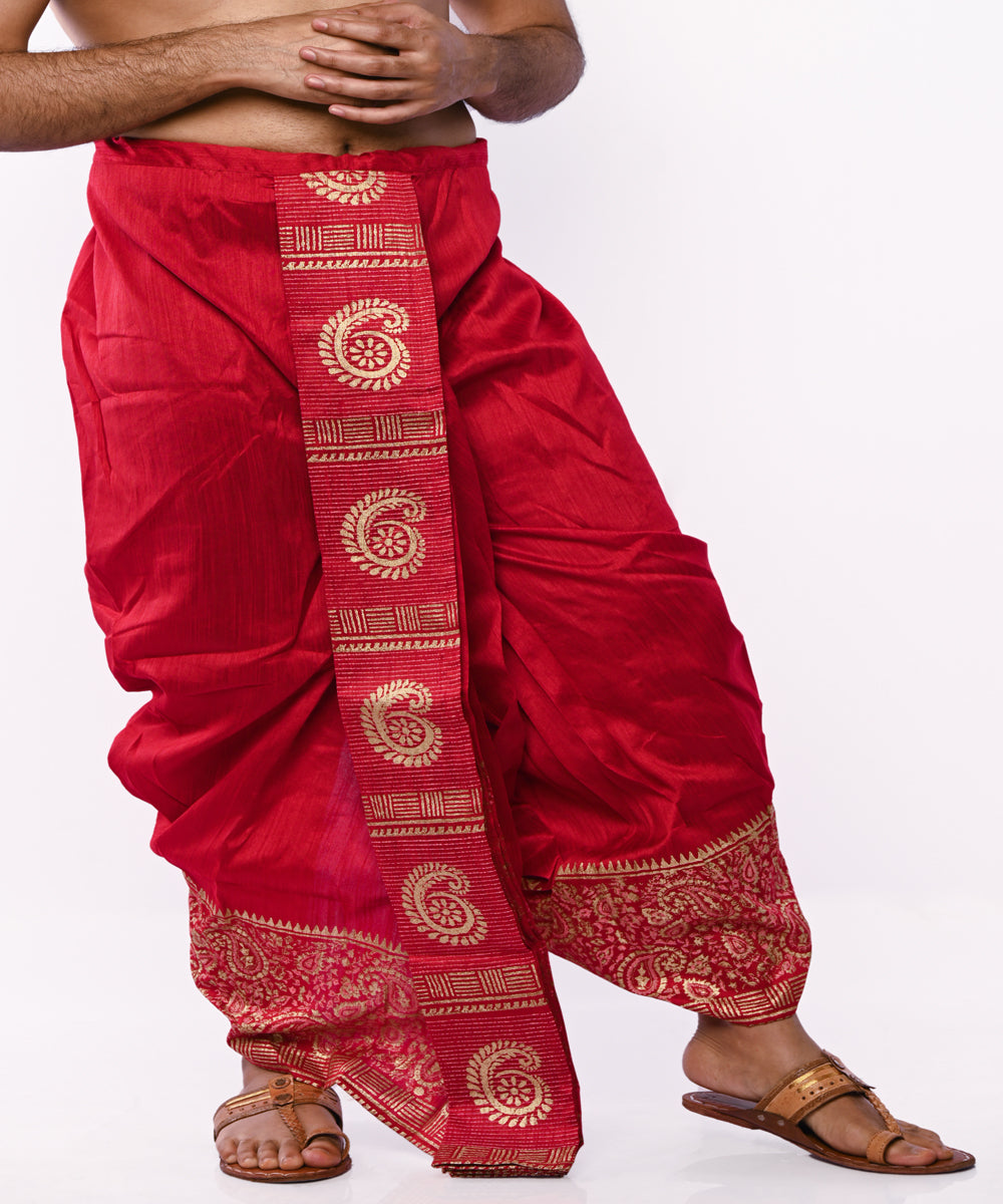 Maroon beige art silk hand block printed dhoti