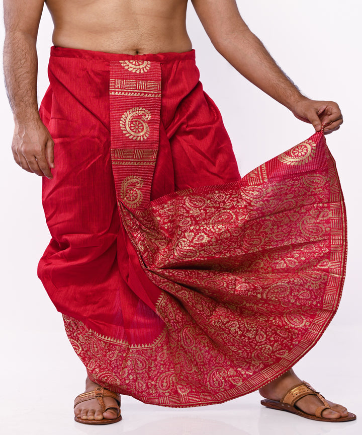 Maroon beige art silk hand block printed dhoti