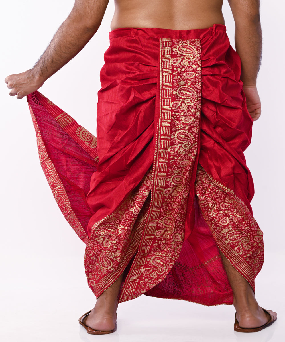 Maroon beige art silk hand block printed dhoti