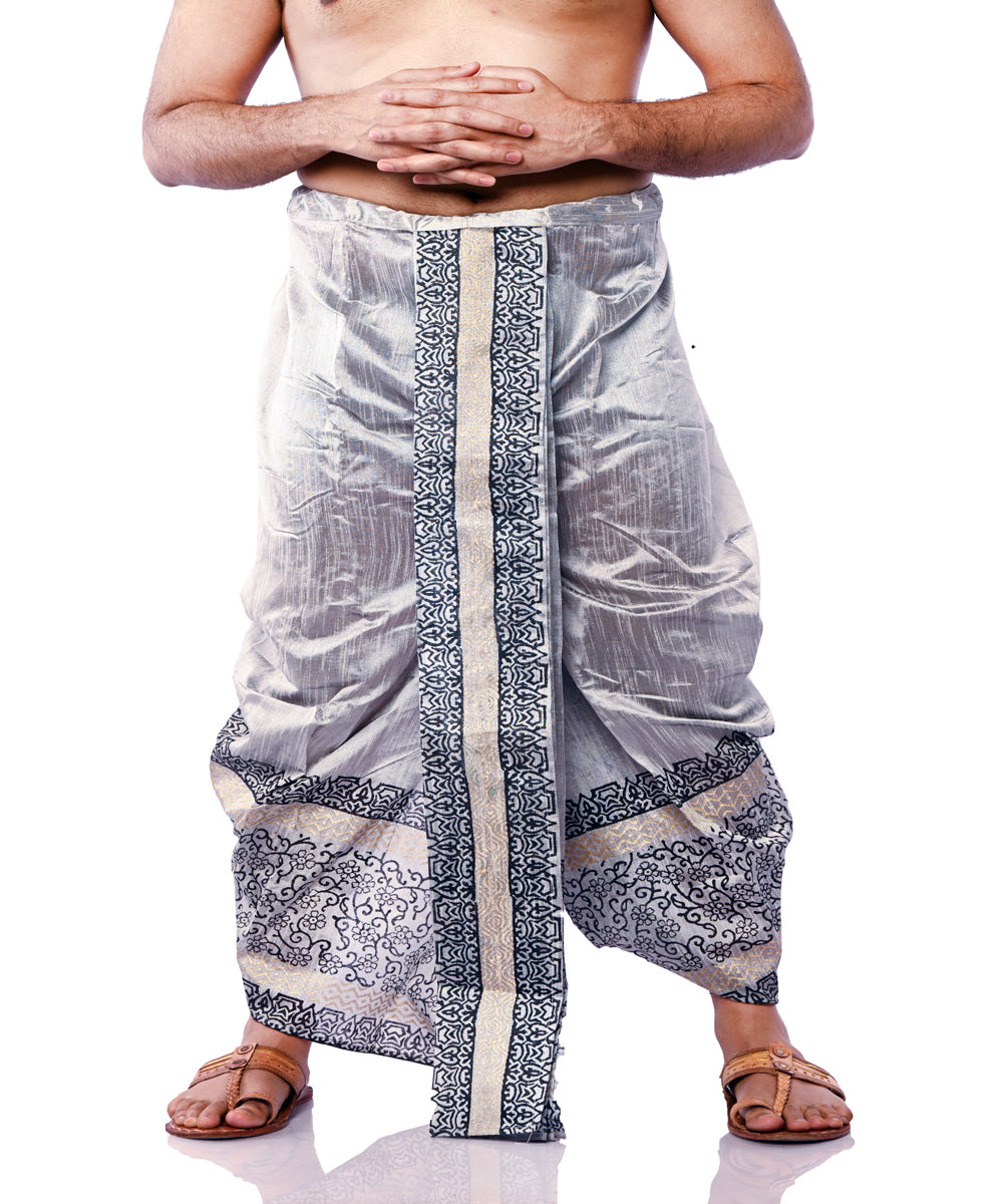 Silver hand block printed art silk dhoti