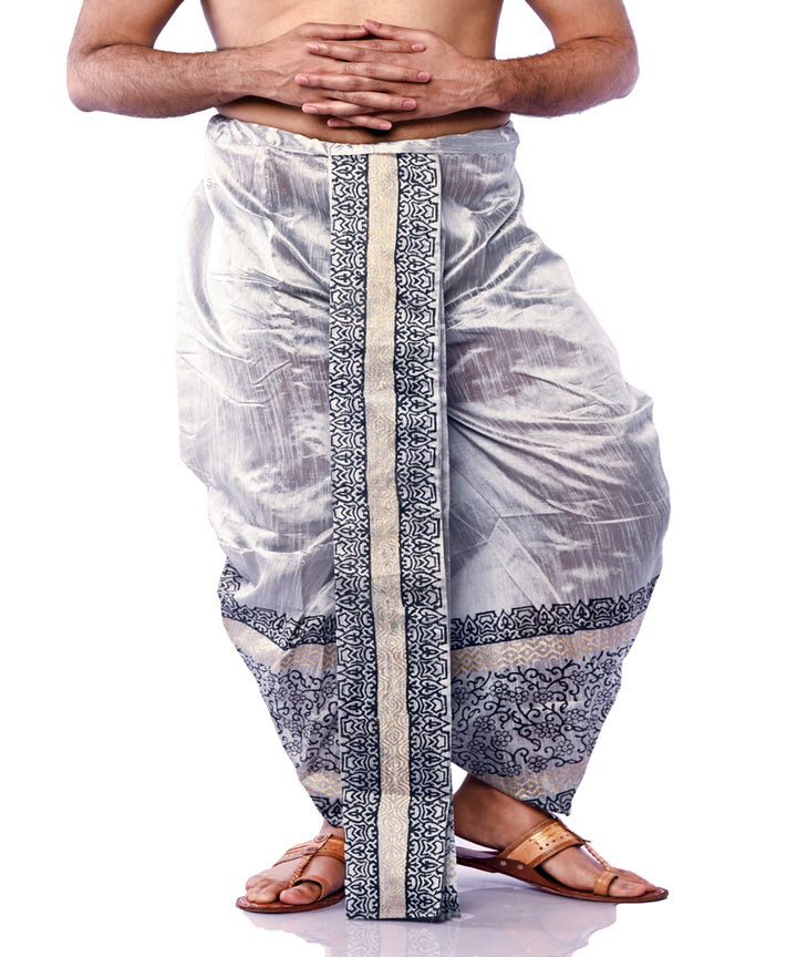 Silver hand block printed art silk dhoti