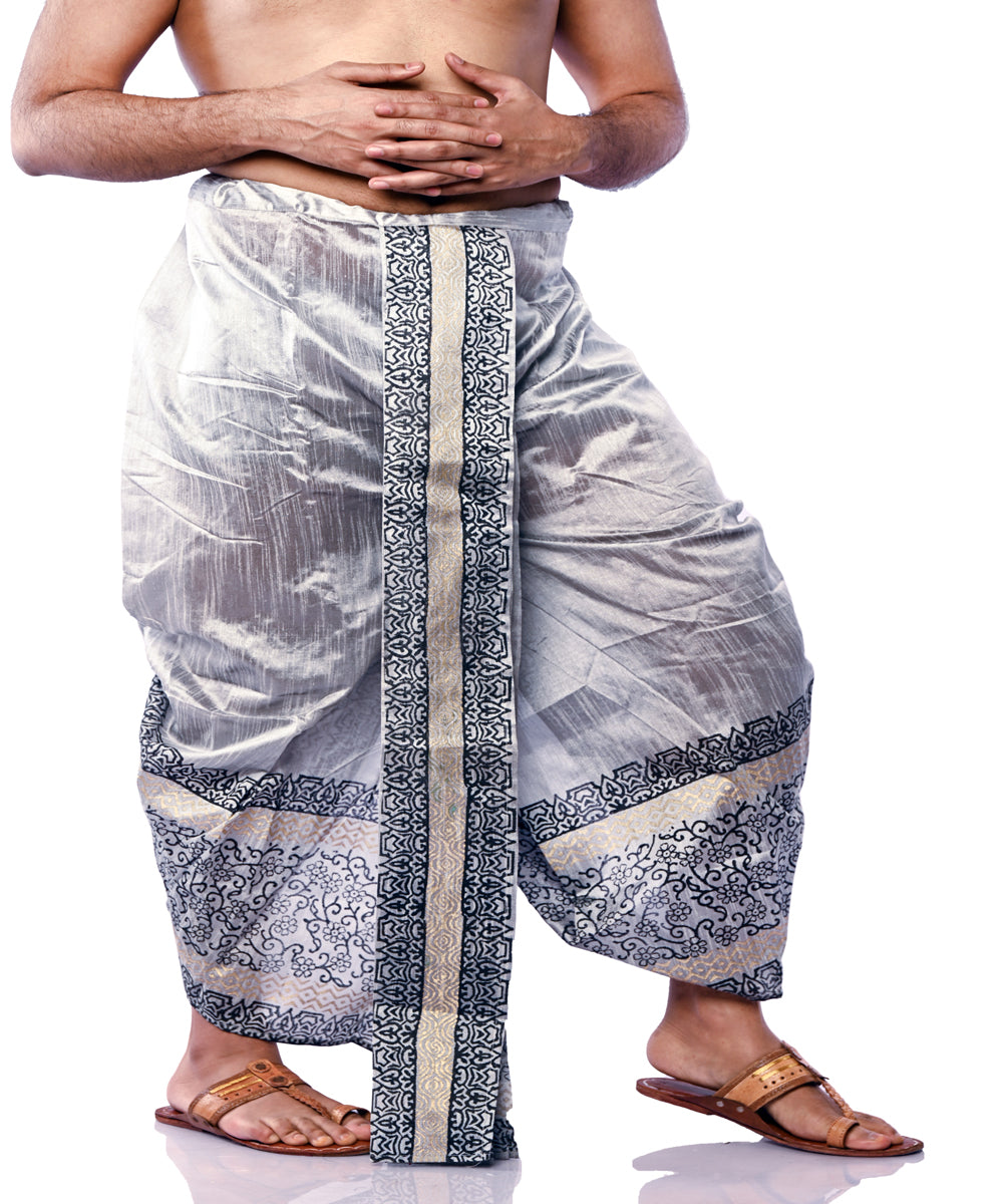 Silver hand block printed art silk dhoti