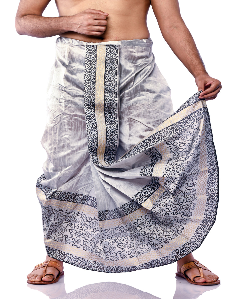 Silver hand block printed art silk dhoti