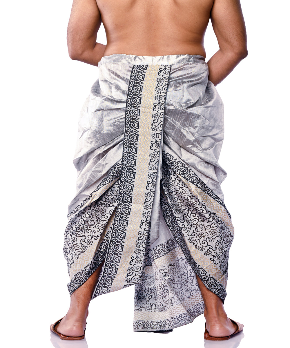 Silver hand block printed art silk dhoti