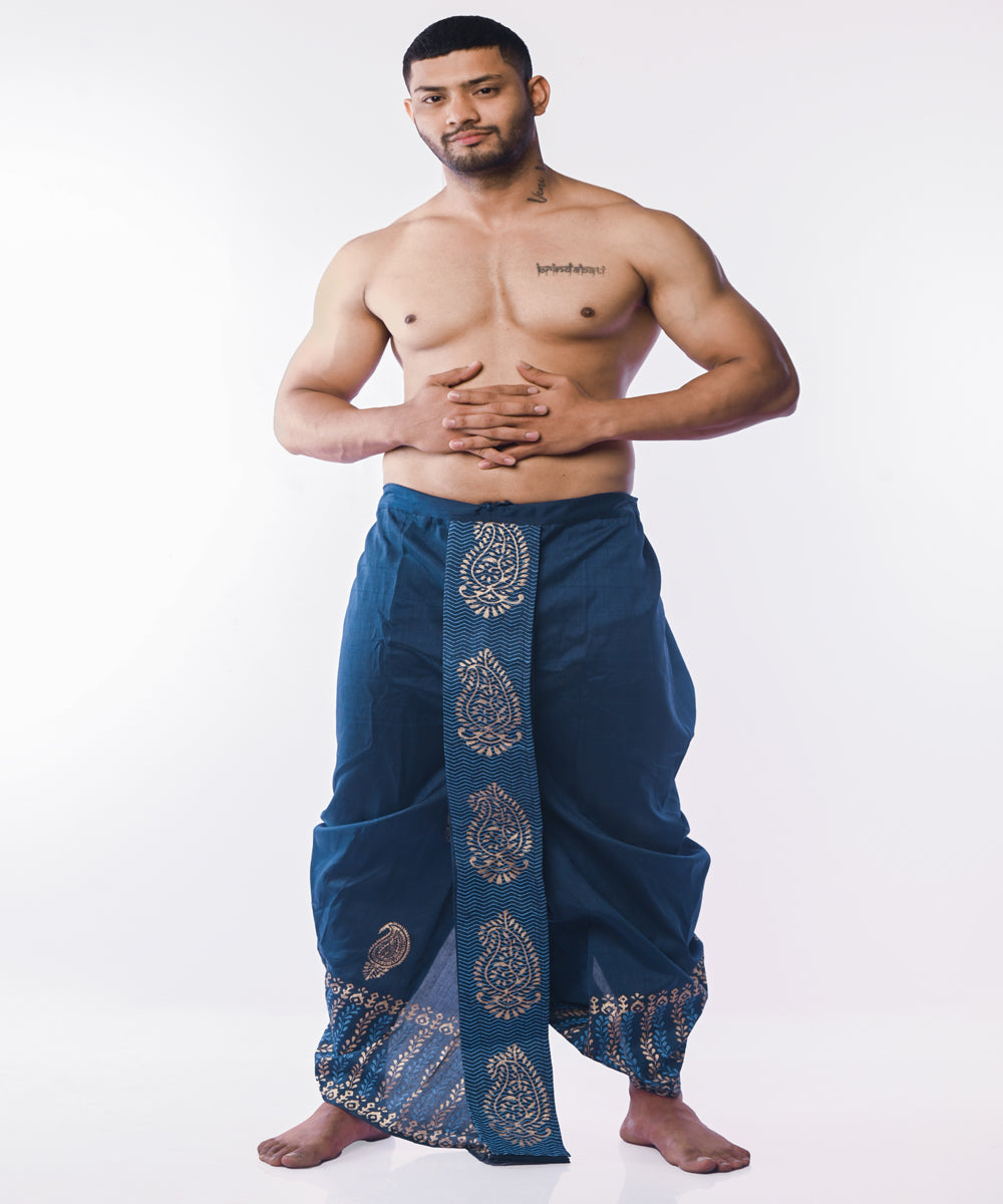 Peacock blue hand block printed art silk dhoti