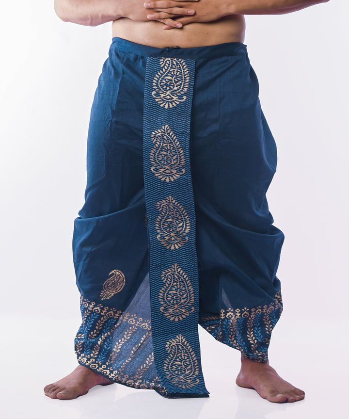 Peacock blue hand block printed art silk dhoti