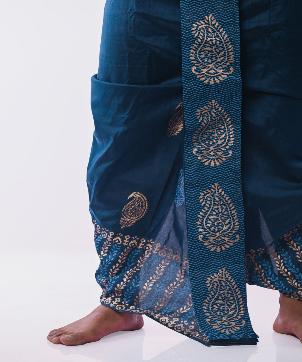 Peacock blue hand block printed art silk dhoti