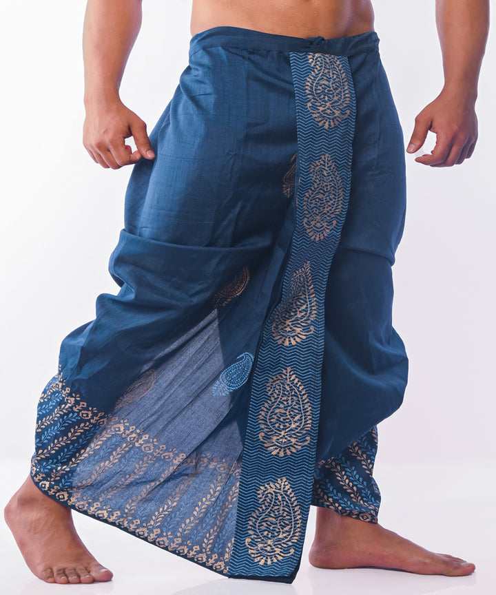 Peacock blue hand block printed art silk dhoti