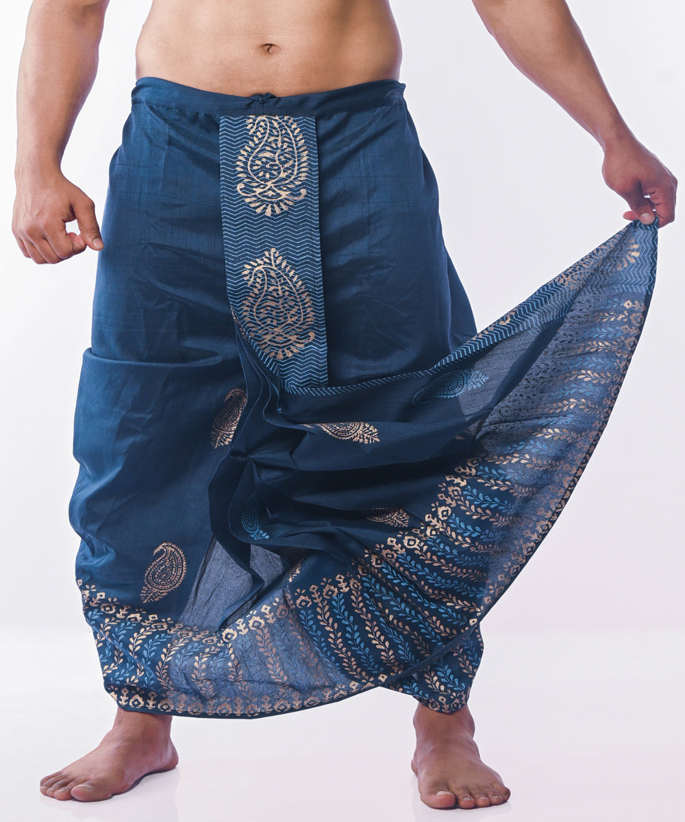 Peacock blue hand block printed art silk dhoti