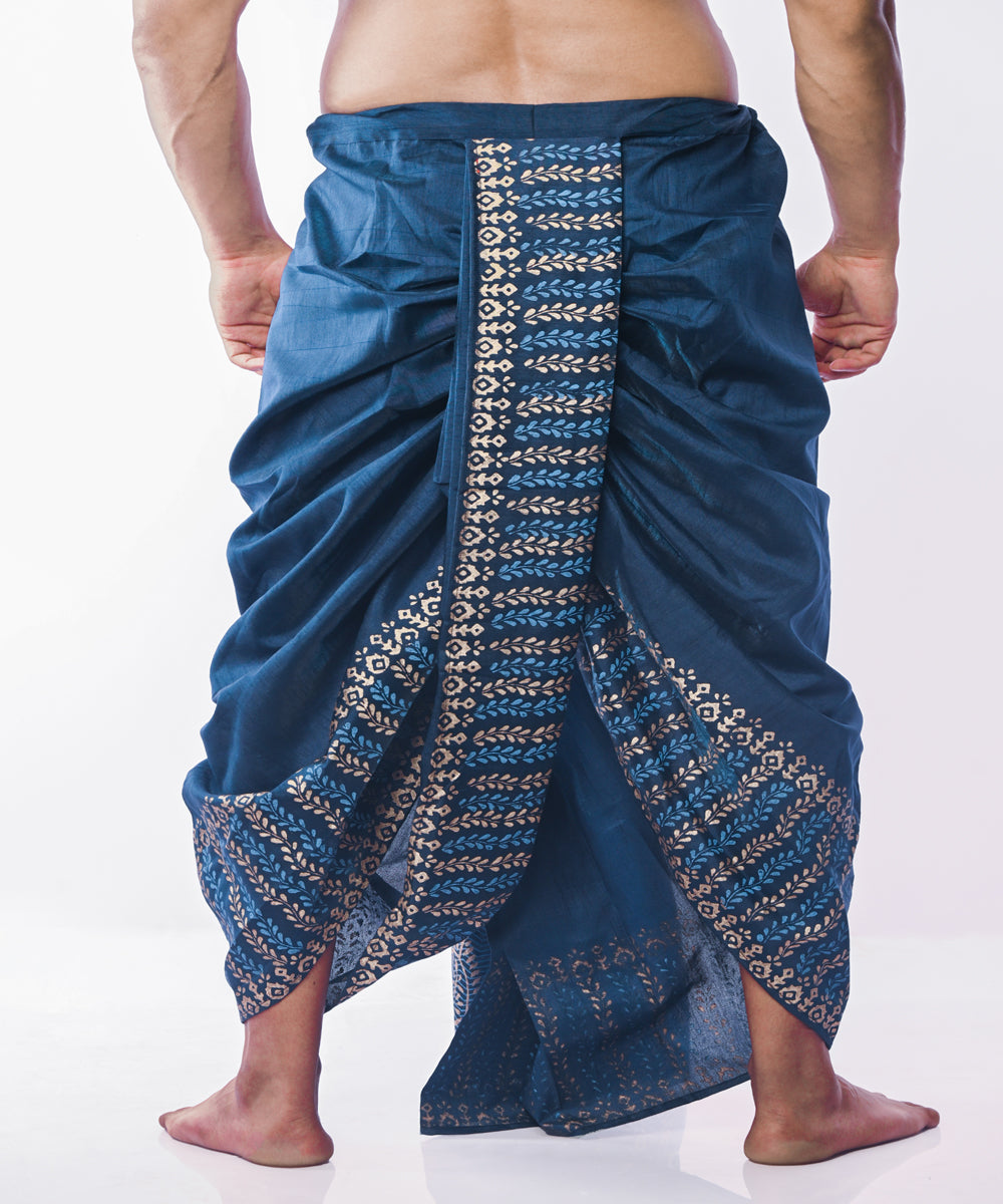 Peacock blue hand block printed art silk dhoti