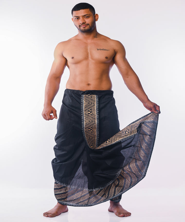 Black hand block print art silk dhoti