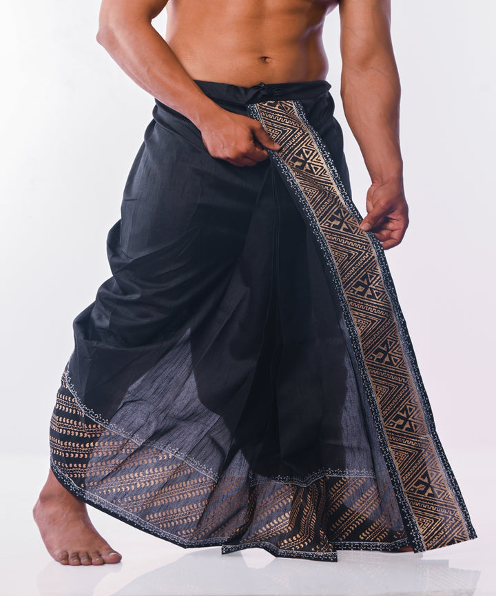 Black hand block print art silk dhoti