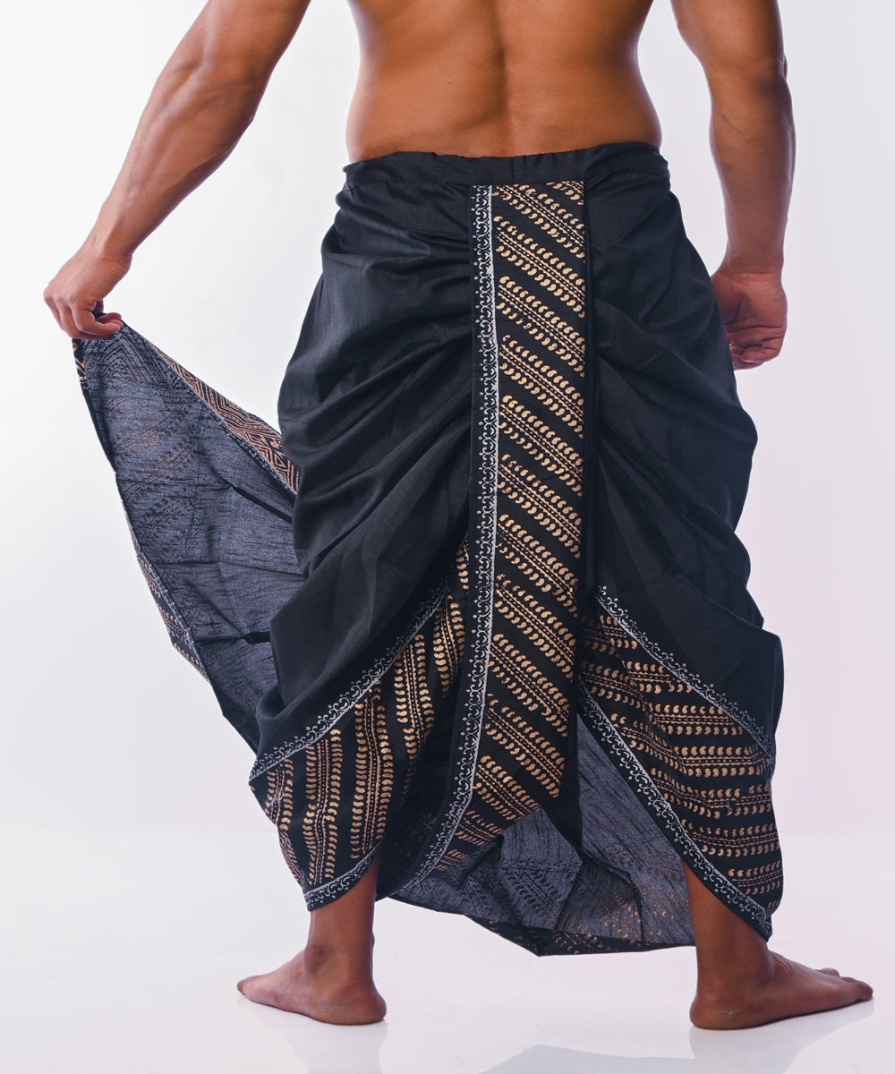 Black hand block print art silk dhoti