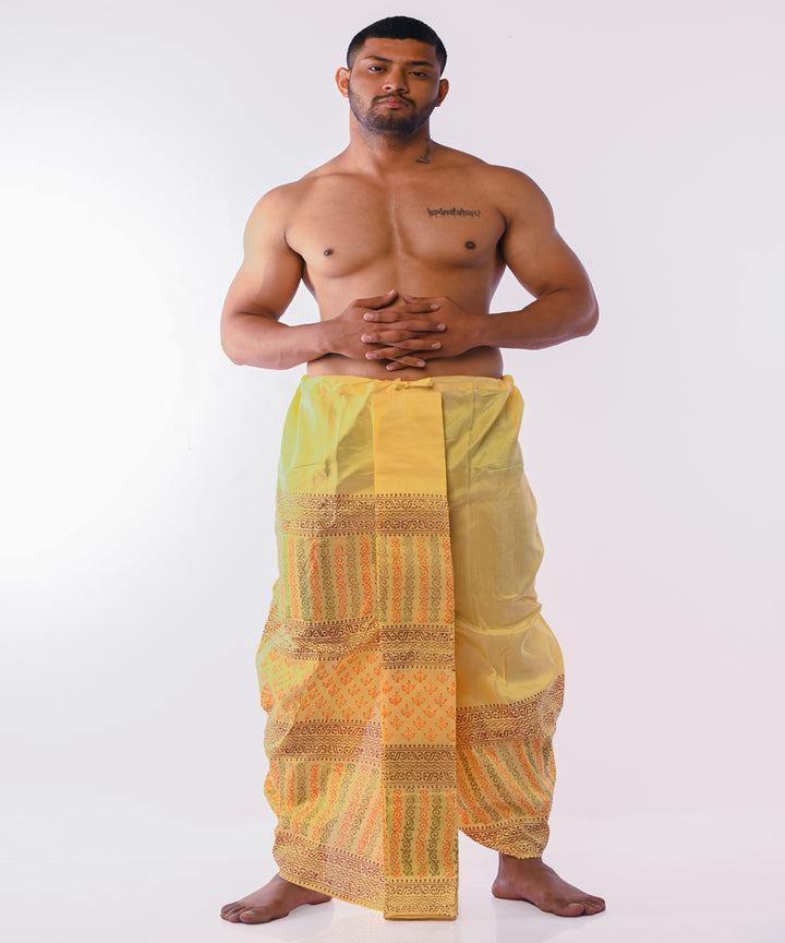 Yellow art silk hand block printed dhoti