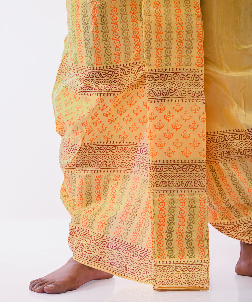 Yellow art silk hand block printed dhoti