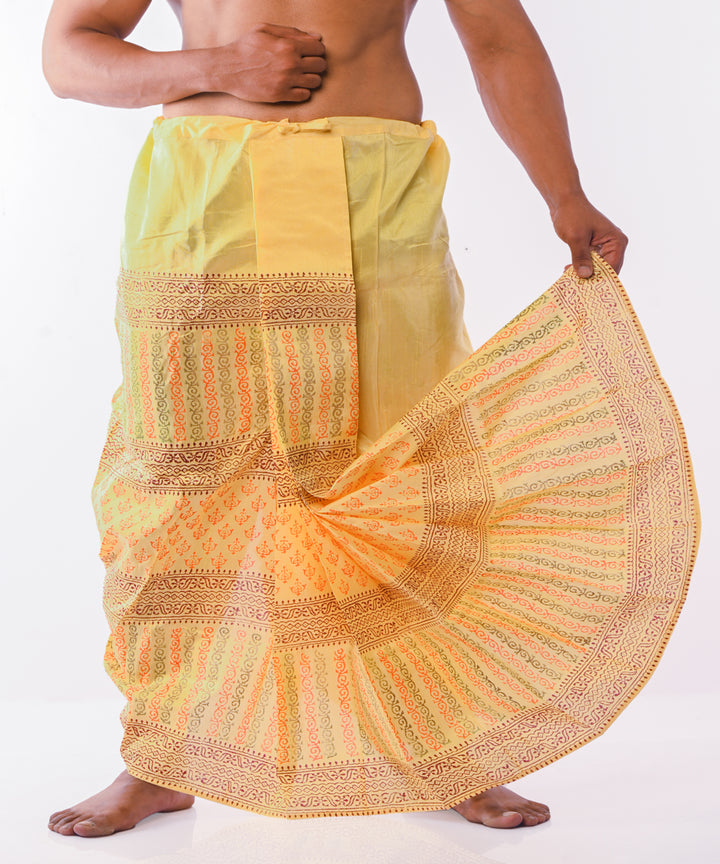 Yellow art silk hand block printed dhoti