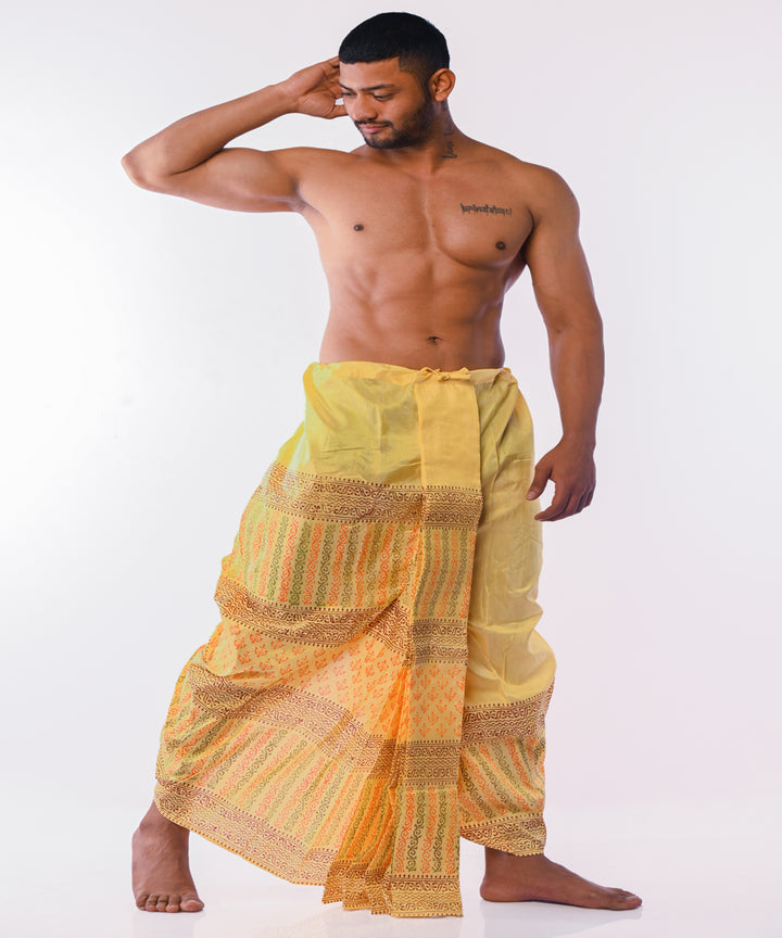 Yellow art silk hand block printed dhoti