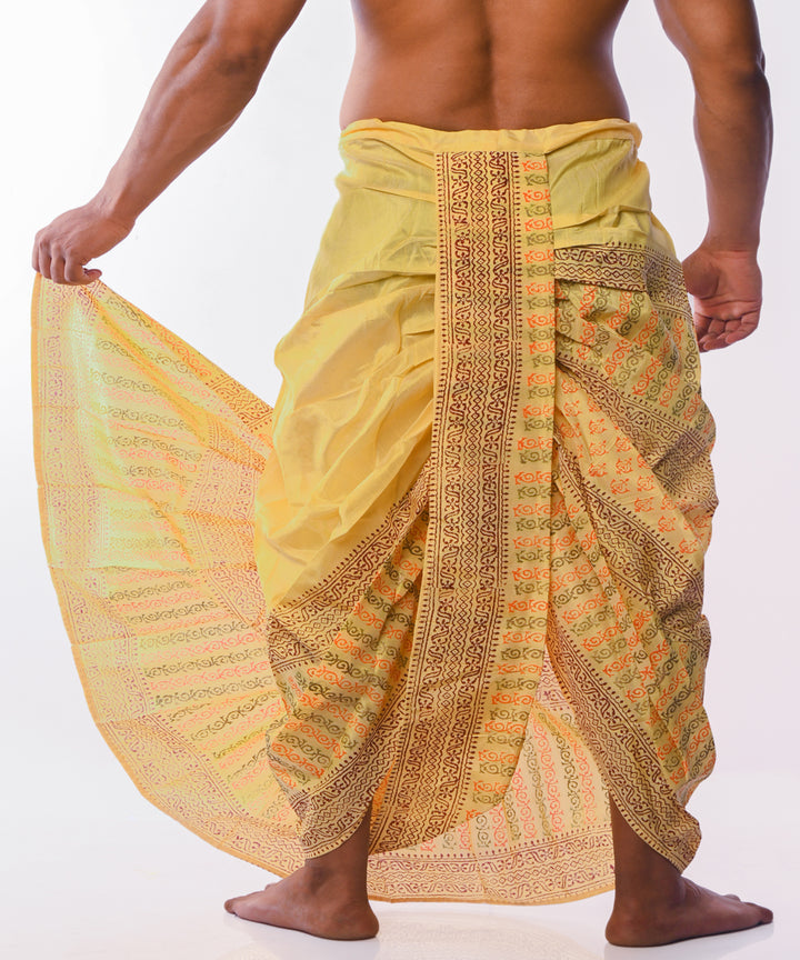 Yellow art silk hand block printed dhoti