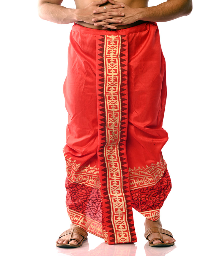 Red hand block printed art silk dhoti