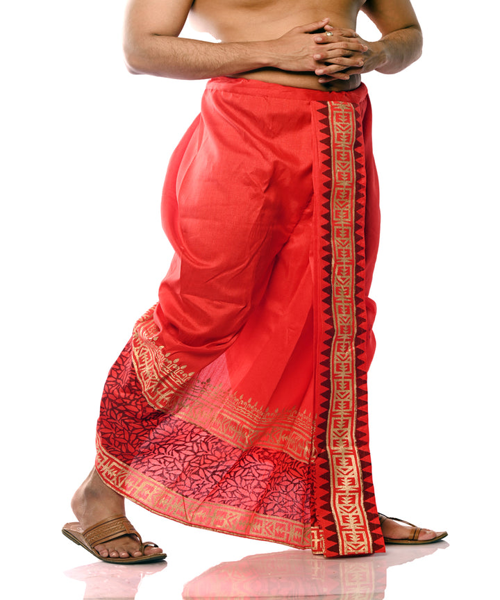 Red hand block printed art silk dhoti