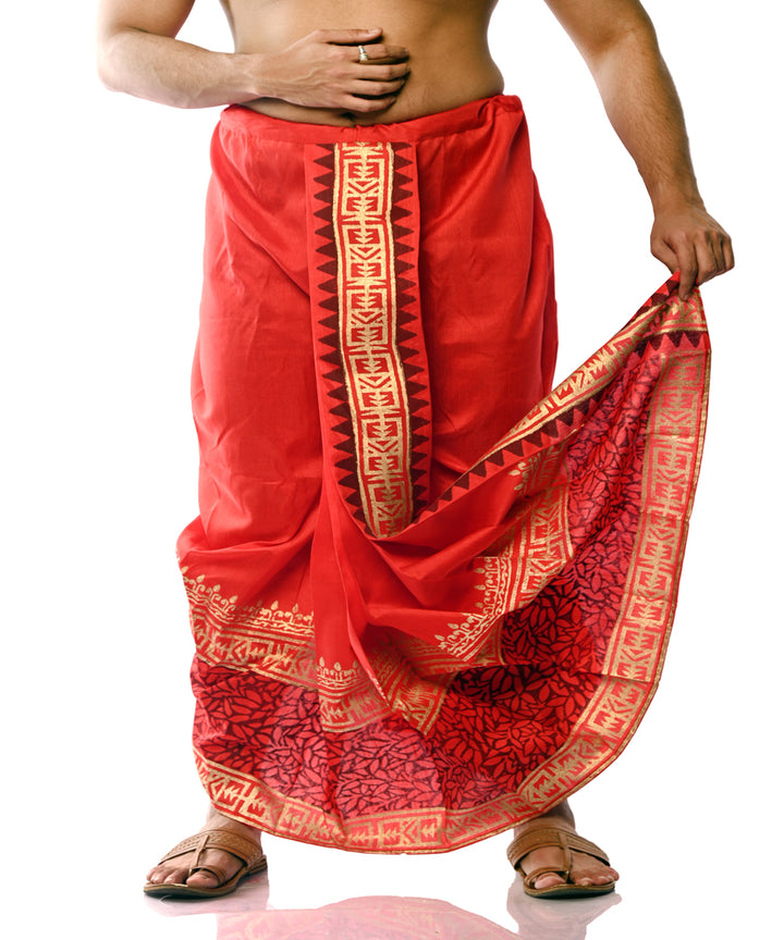 Red hand block printed art silk dhoti