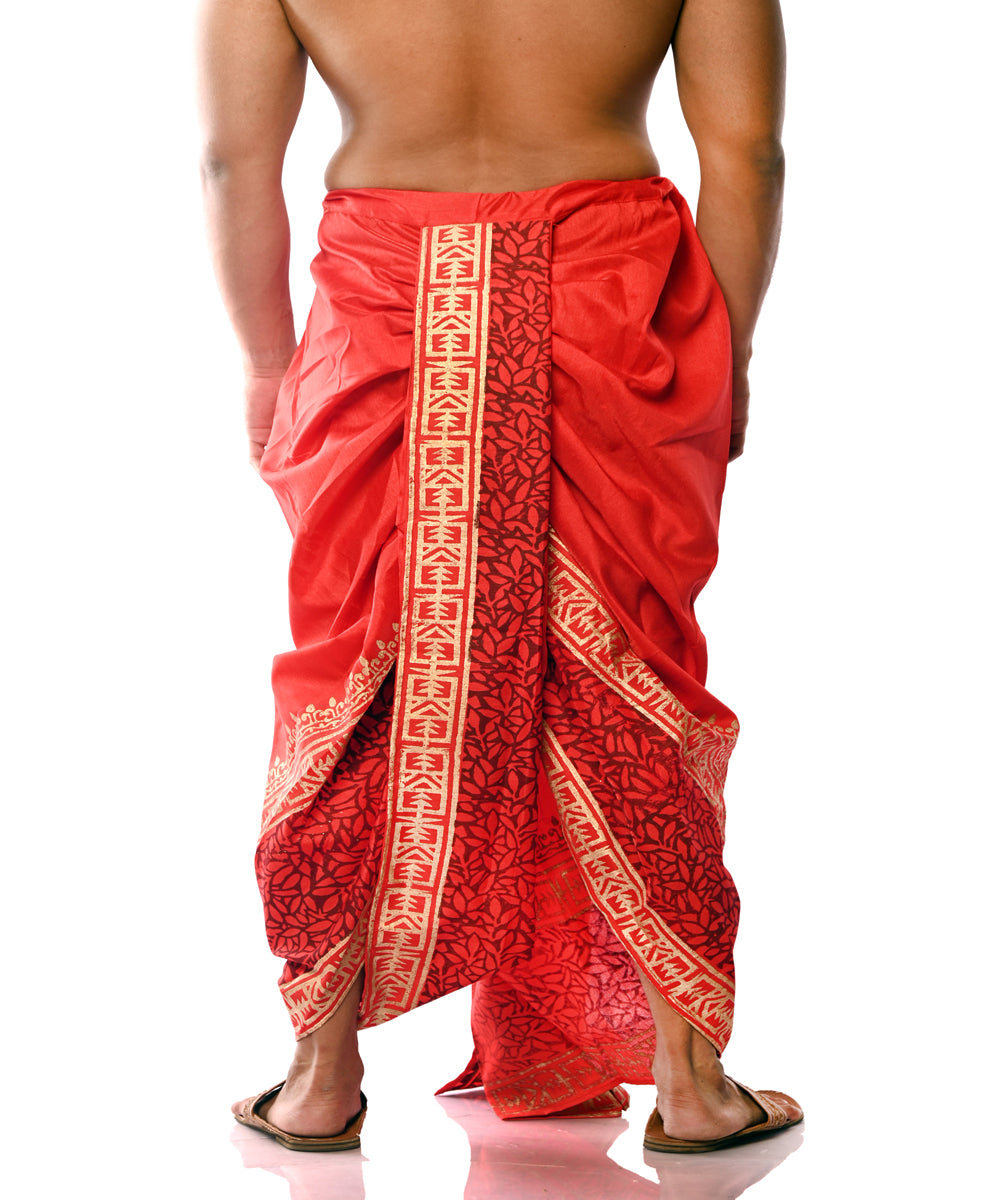 Red hand block printed art silk dhoti