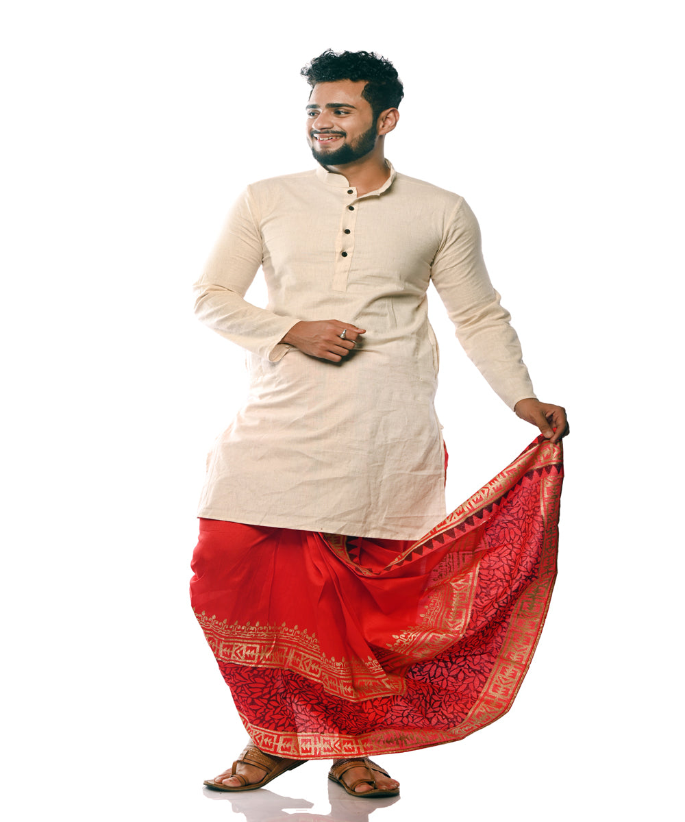 Red hand block printed art silk dhoti