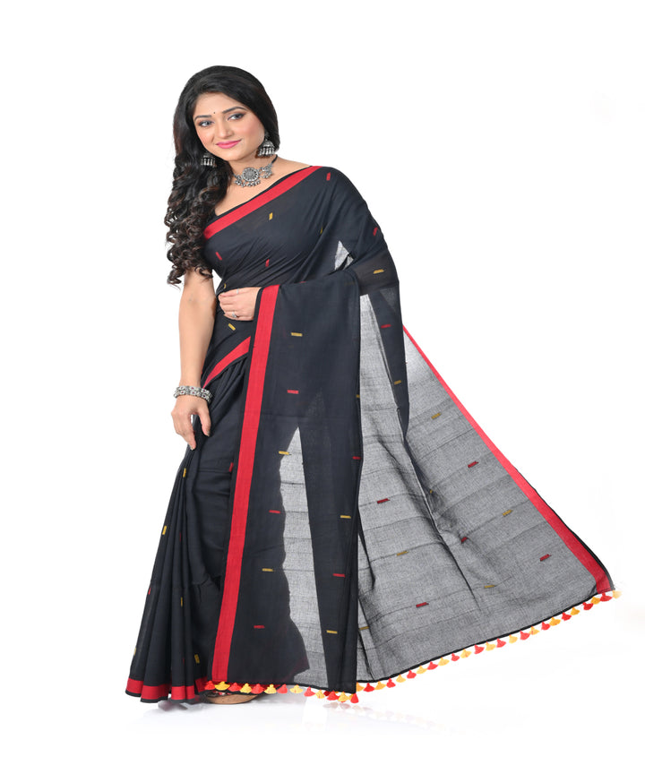 Black red handwoven jamdani cotton saree