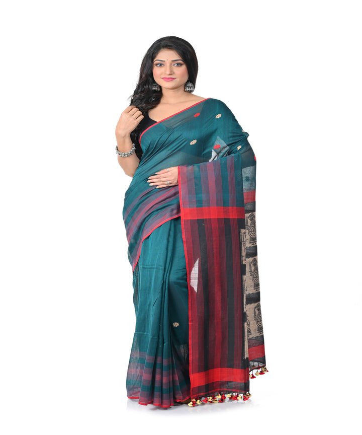 Cyan green red handwoven cotton jamdani saree