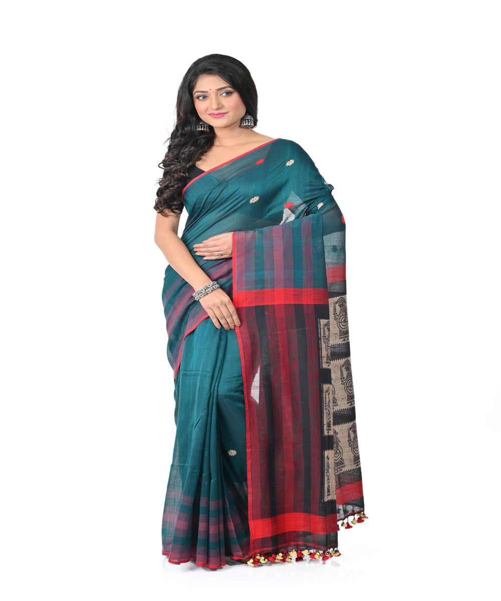 Cyan green red handwoven cotton jamdani saree