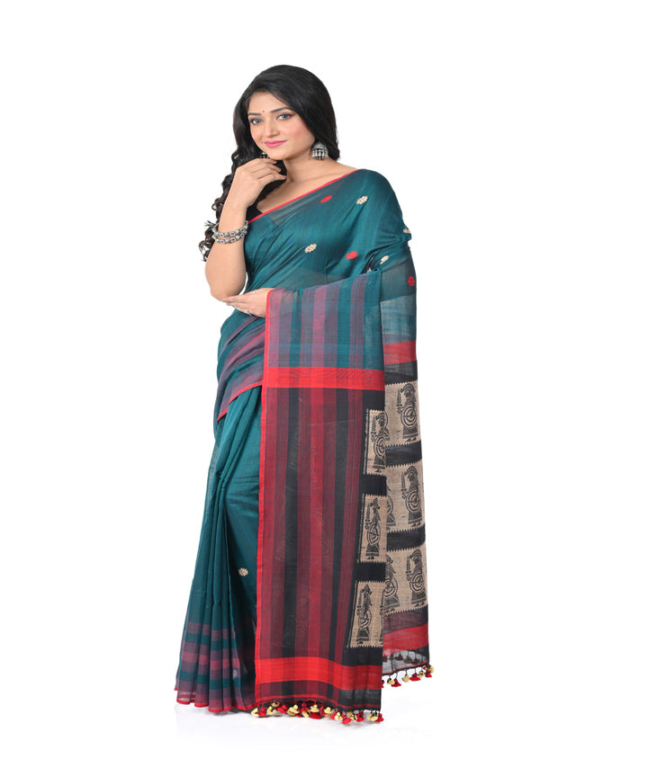 Cyan green red handwoven cotton jamdani saree