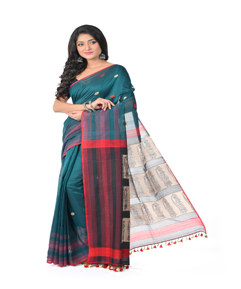 Cyan green red handwoven cotton jamdani saree