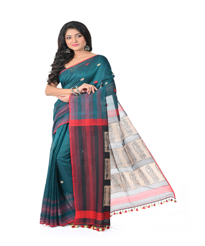 Cyan green red handwoven cotton jamdani saree