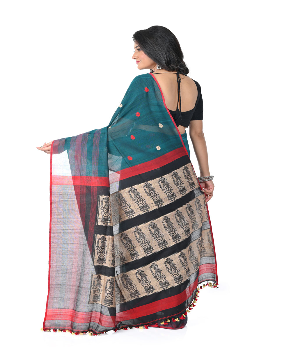 Cyan green red handwoven cotton jamdani saree